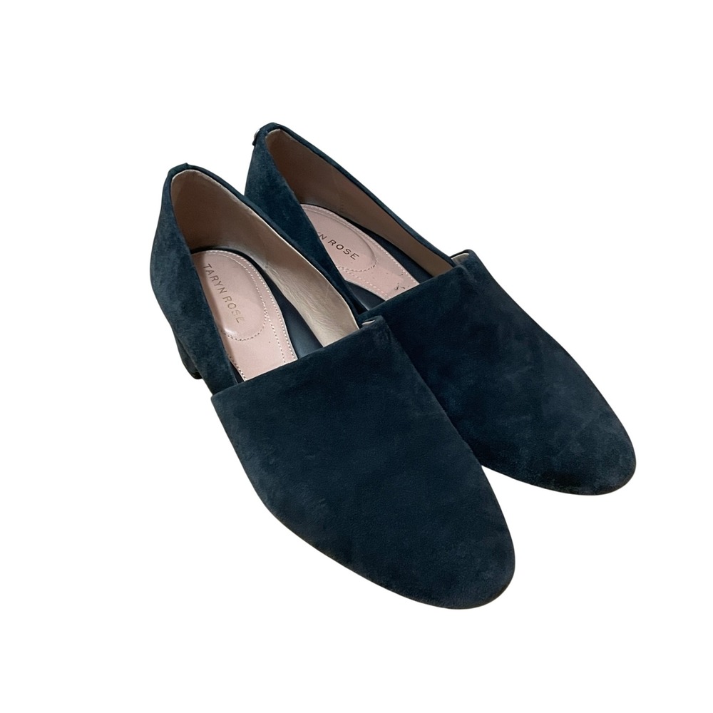 Taryn Rose Brenda Women's 9B Teal Navy Blue Suede Block Heel Loafers Almond Toe